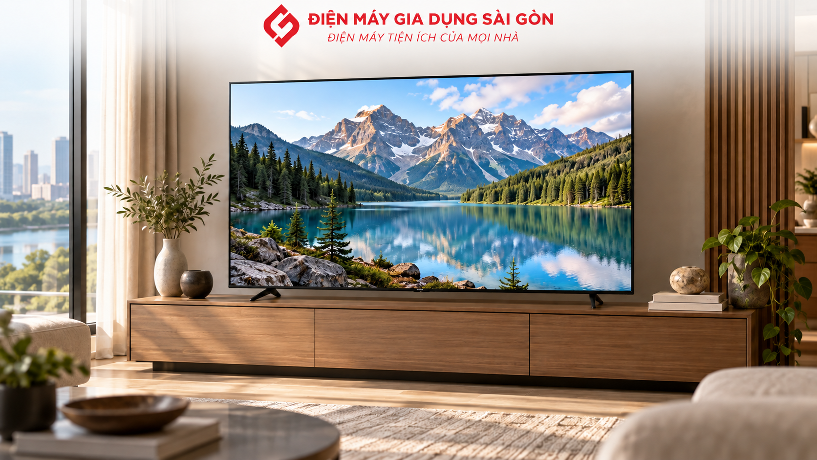 Smart Tivi Samsung 4K 43 inch UA43CU8000 đặt trong phòng khách hiện đại