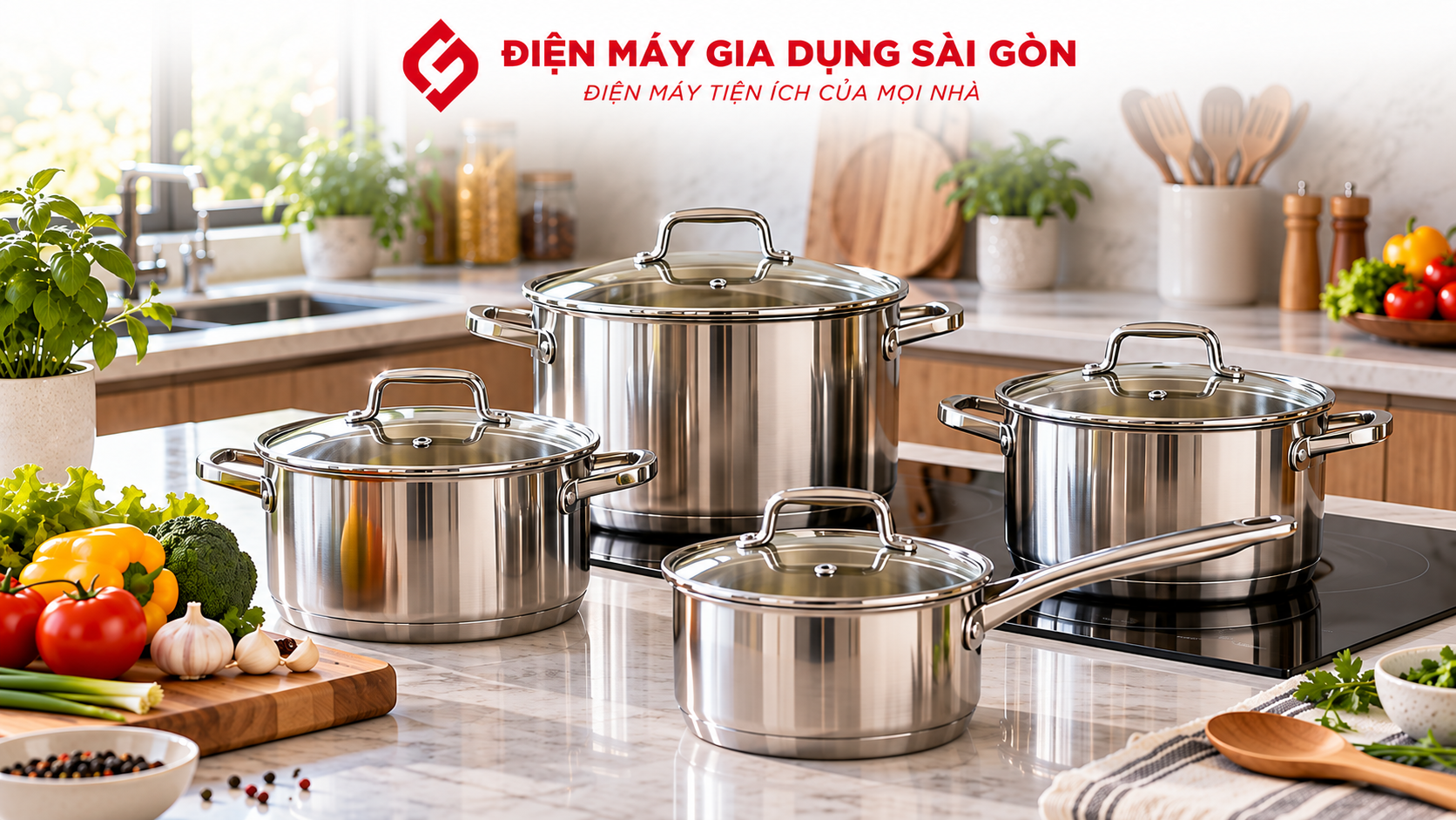 Các bộ nồi inox nhiều kích thước đặt trong căn bếp hiện đại với bếp từ