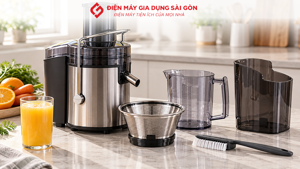 Máy ép trái cây và các bộ phận tháo rời đặt cạnh ly nước ép, minh họa cách sử dụng và vệ sinh thiết bị.