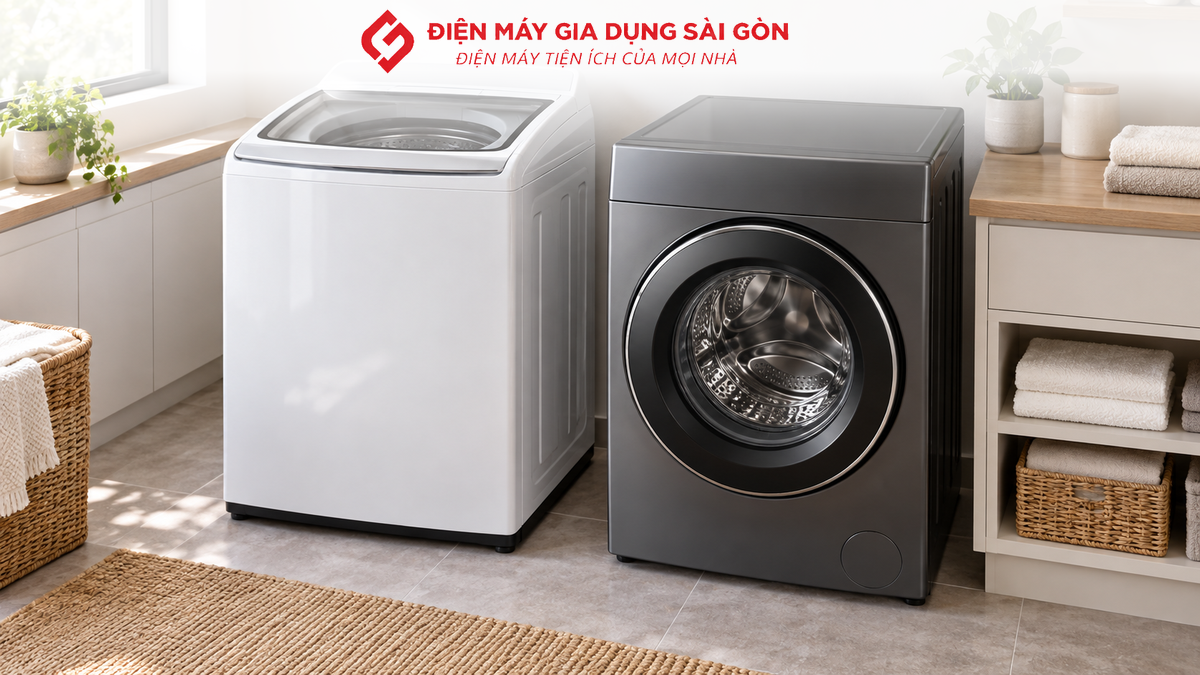 Máy giặt cửa trên và máy giặt cửa ngang đặt cạnh nhau trong khu giặt gia đình
