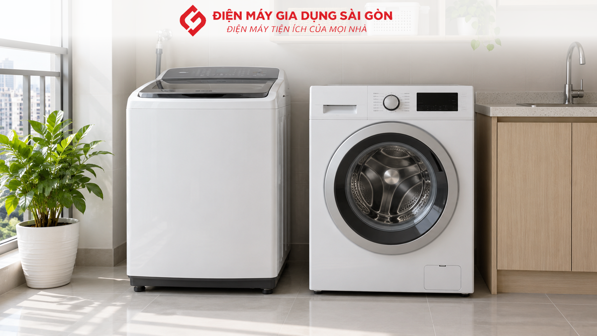 Máy giặt cửa trên và máy giặt cửa ngang đặt cạnh nhau