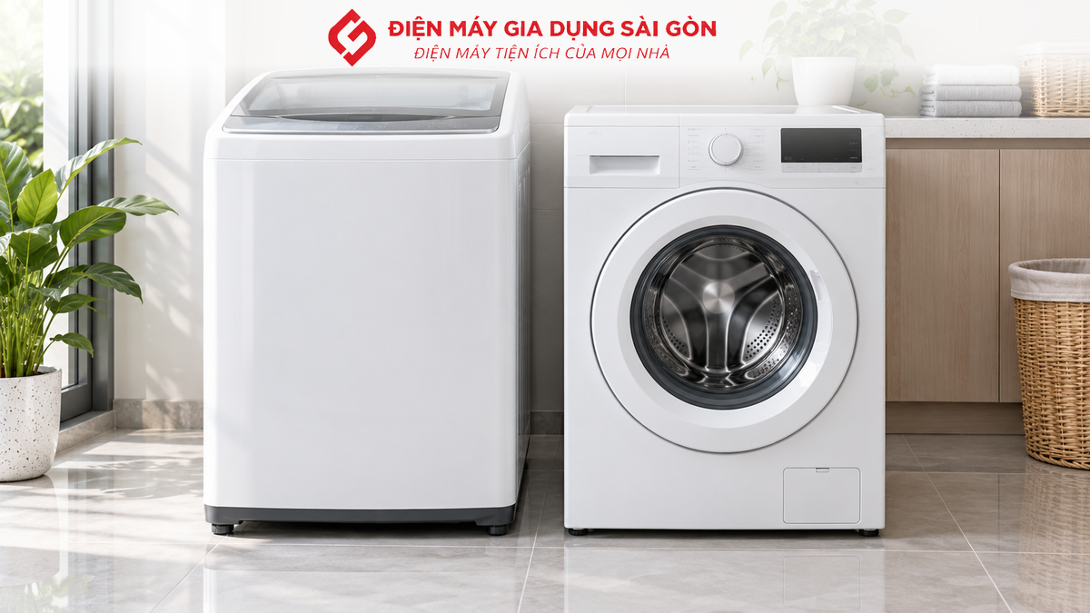 Máy giặt cửa trên và máy giặt cửa trước đặt cạnh nhau