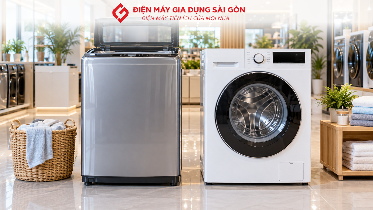 Máy giặt cửa trên và cửa trước được đặt cạnh nhau để so sánh nhu cầu sử dụng gia đình