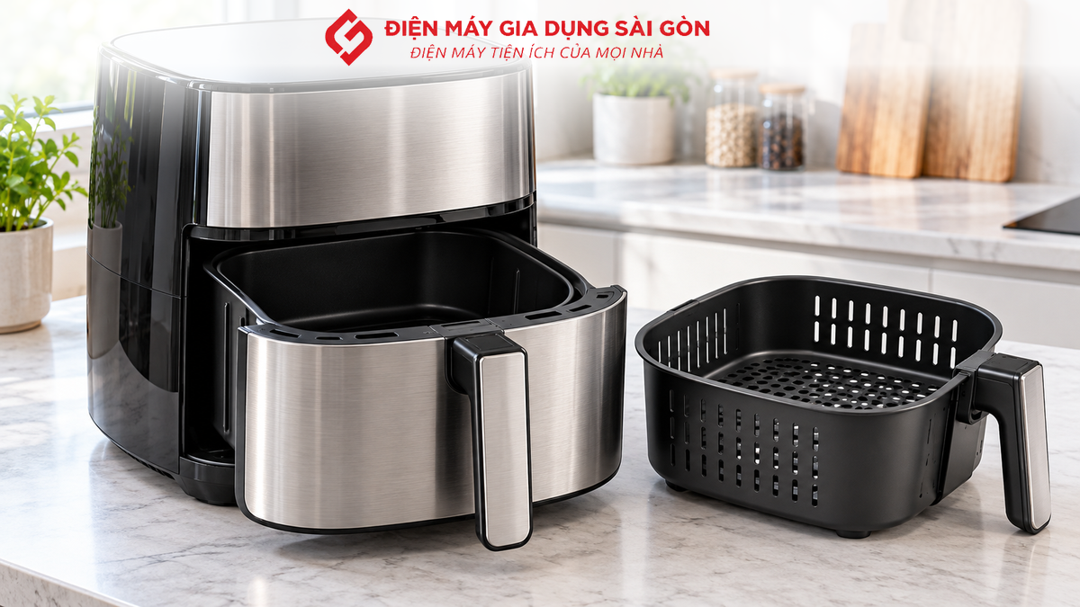 Nồi chiên không dầu Sunhouse dung tích 6,5 lít và 9 lít đặt cạnh nhau