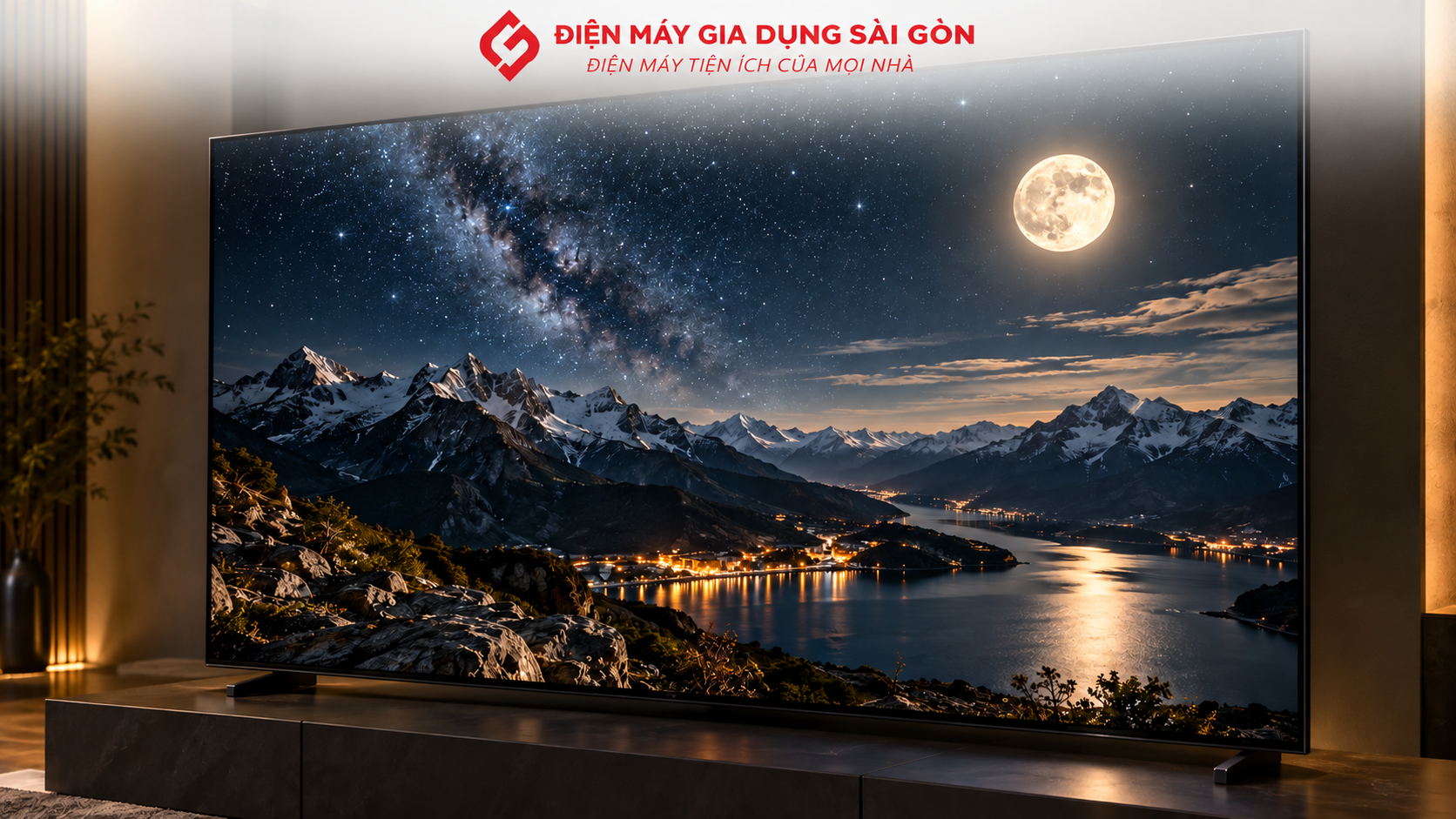 Màn hình Google Tivi Sony XR-75X95L hiển thị khung cảnh đêm có vùng sáng và tối rõ nét