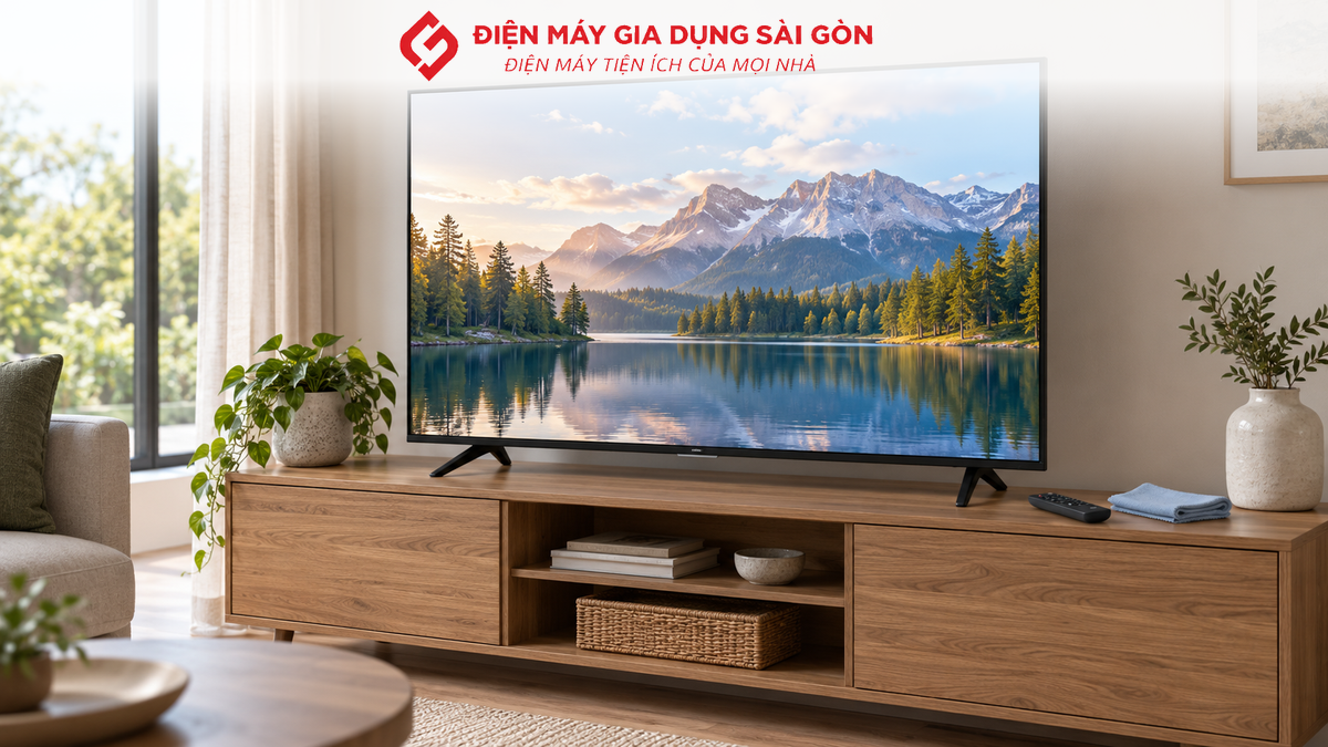 Tivi đặt trên kệ cạnh điều khiển và khăn lau mềm, minh họa cách bảo quản thiết bị.
