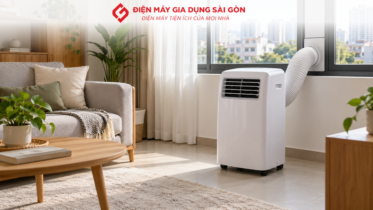 Điều hòa di động đặt trong phòng với ống thoát khí nối ra cửa sổ
