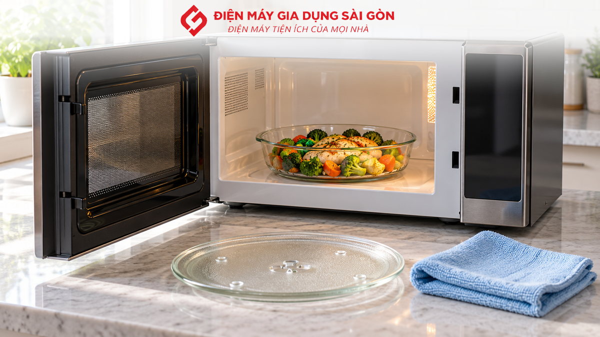 Lò vi sóng với đĩa thủy tinh chịu nhiệt và phụ kiện vệ sinh đặt bên cạnh.