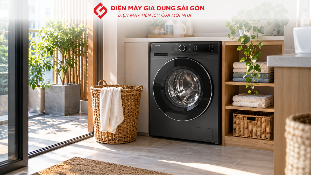 Máy giặt Toshiba cửa trước trong khu giặt gia đình hiện đại với giỏ quần áo và nước giặt