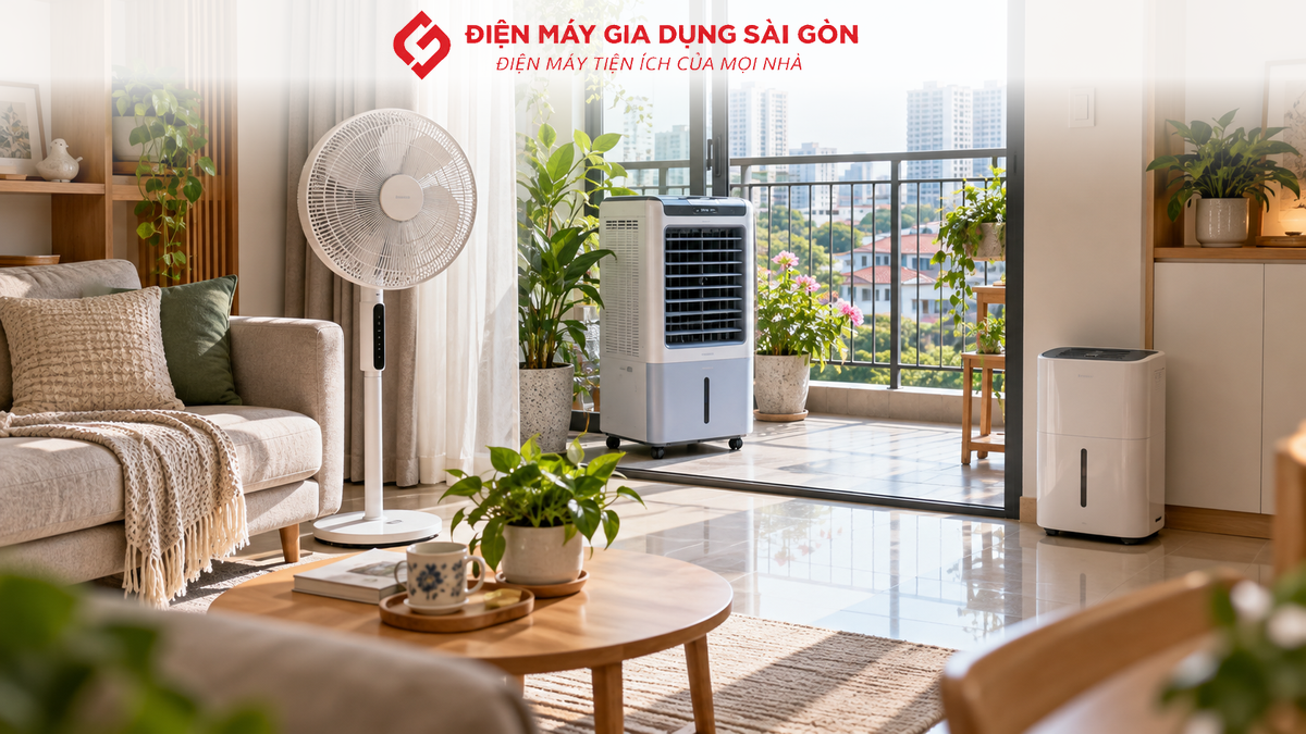 Quạt đứng, máy làm mát và máy hút ẩm trong không gian gia đình tại Quận 12