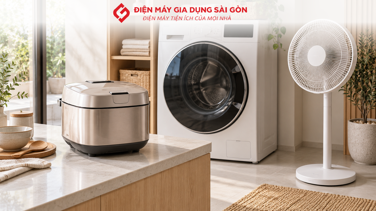 Các thiết bị gia dụng thiết yếu gồm nồi cơm điện, máy giặt sấy và quạt đứng