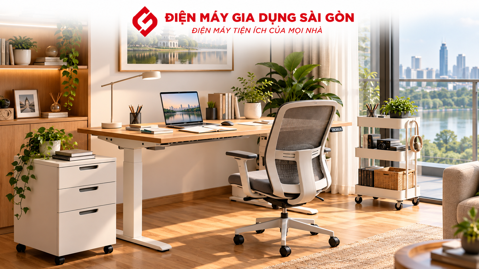 Bàn điều chỉnh chiều cao, tủ di động và xe đẩy đa năng trong không gian làm việc hiện đại