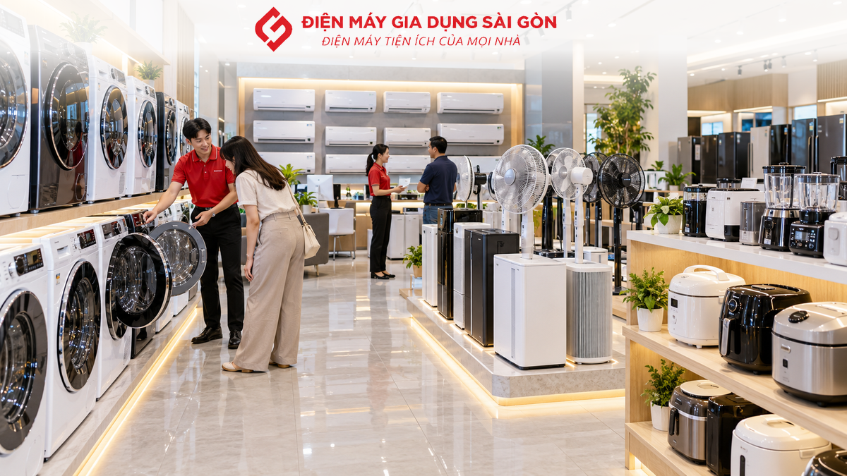 Quạt đứng, máy làm mát và máy hút ẩm trong không gian hiện đại tại Quận 10