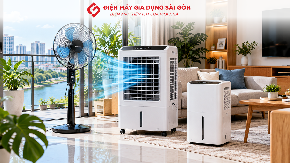 Quạt đứng, máy làm mát và máy hút ẩm trong không gian gia đình hiện đại tại Quận 8