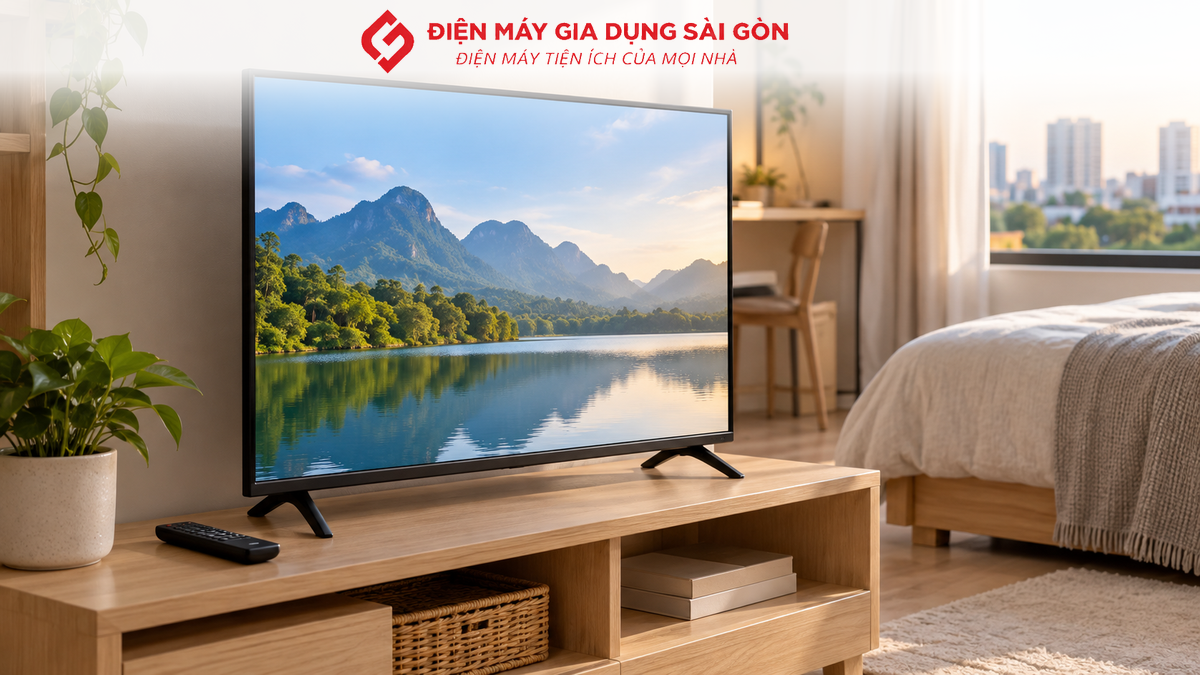 Tivi 32 inch đặt trên kệ trong không gian nhỏ tại Thủ Đức