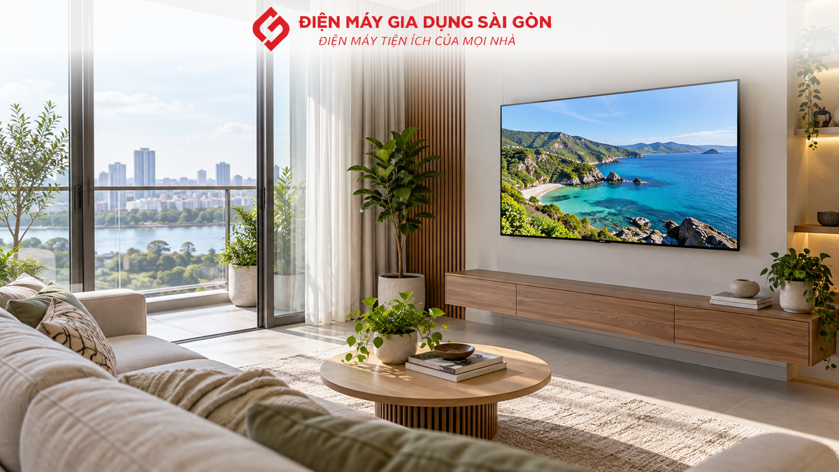 Tivi 43 inch treo tường trong phòng khách gia đình tại Thủ Đức