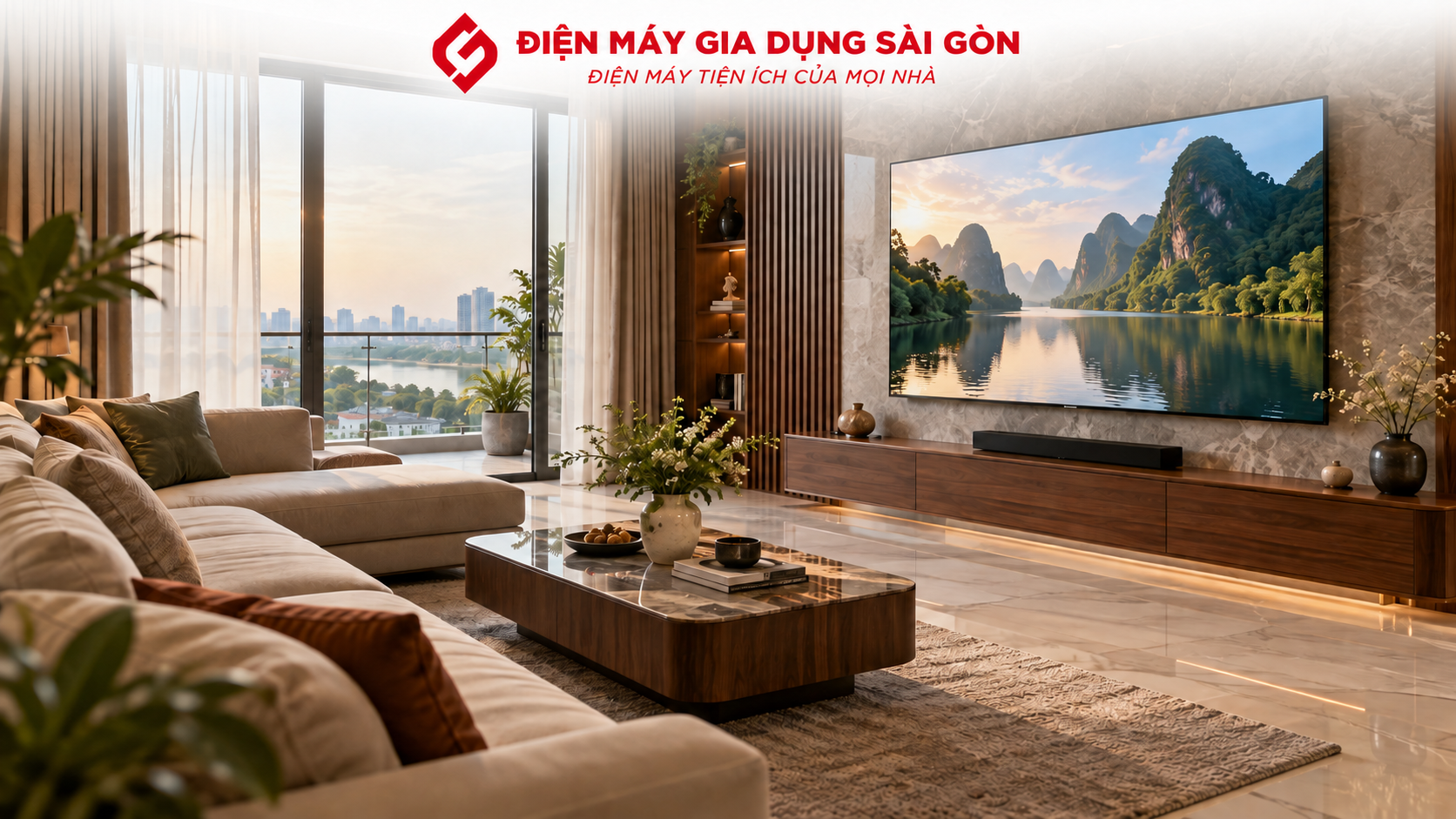 Tivi 65 inch trong phòng khách hiện đại với sofa cách màn hình khoảng 2,5 đến 3,5 mét