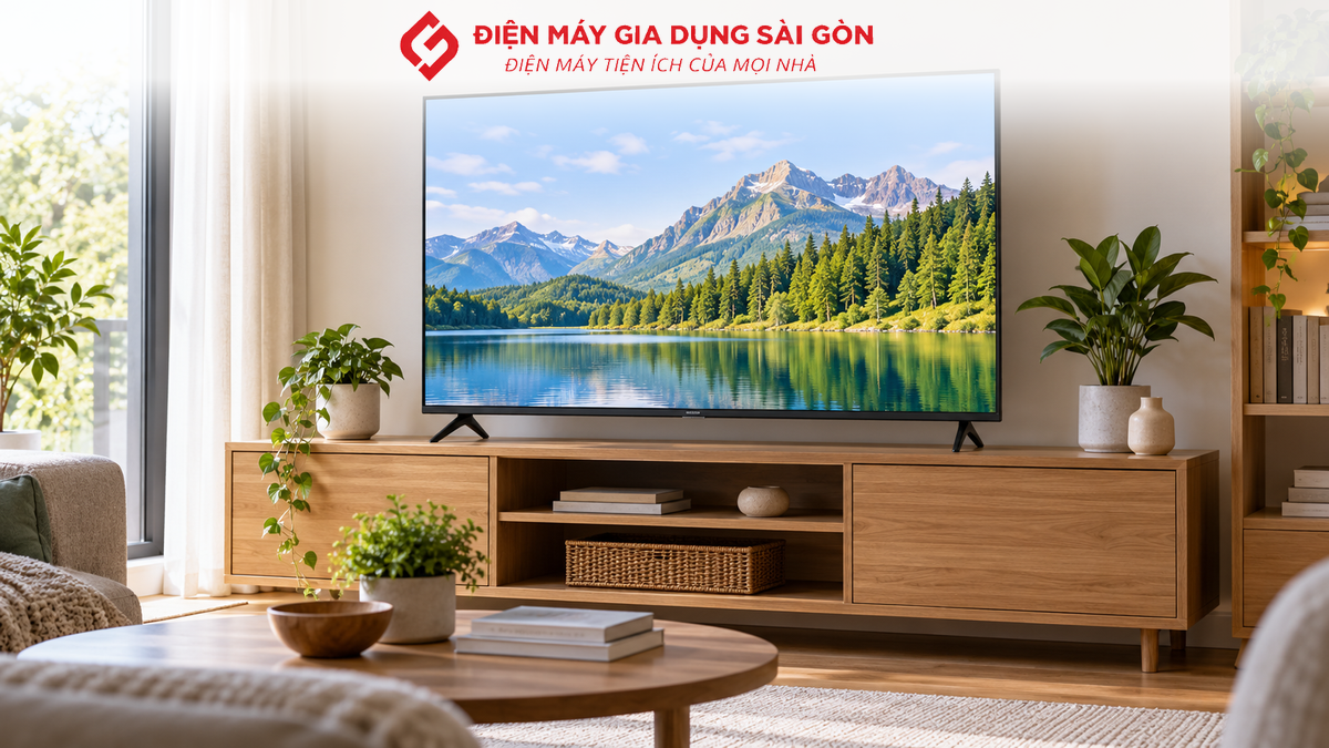 Tivi màn hình phẳng trong phòng khách, minh họa kinh nghiệm chọn mua tivi giá rẻ.