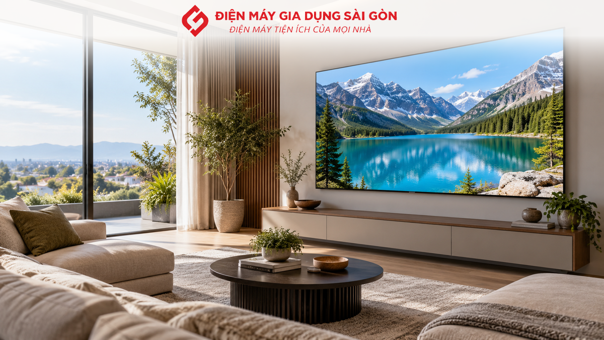 Tivi màn hình lớn trong phòng khách, minh họa cách chọn tivi theo không gian tại Quận 12