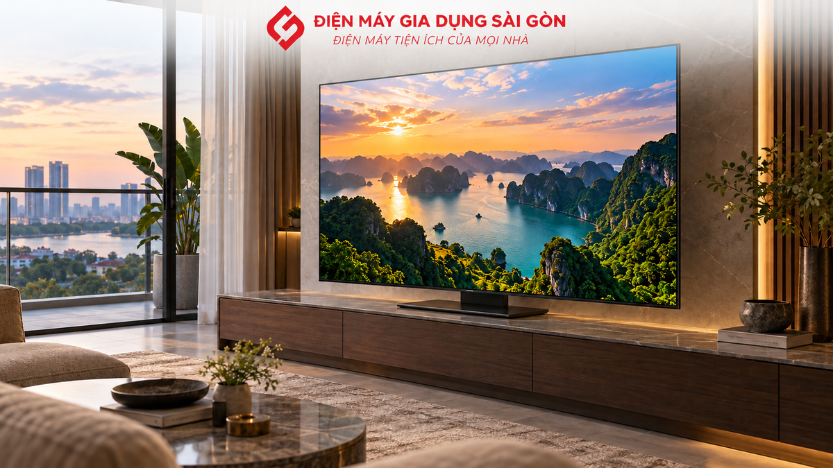 Tivi OLED Samsung 65 inch treo tường trong không gian phòng khách