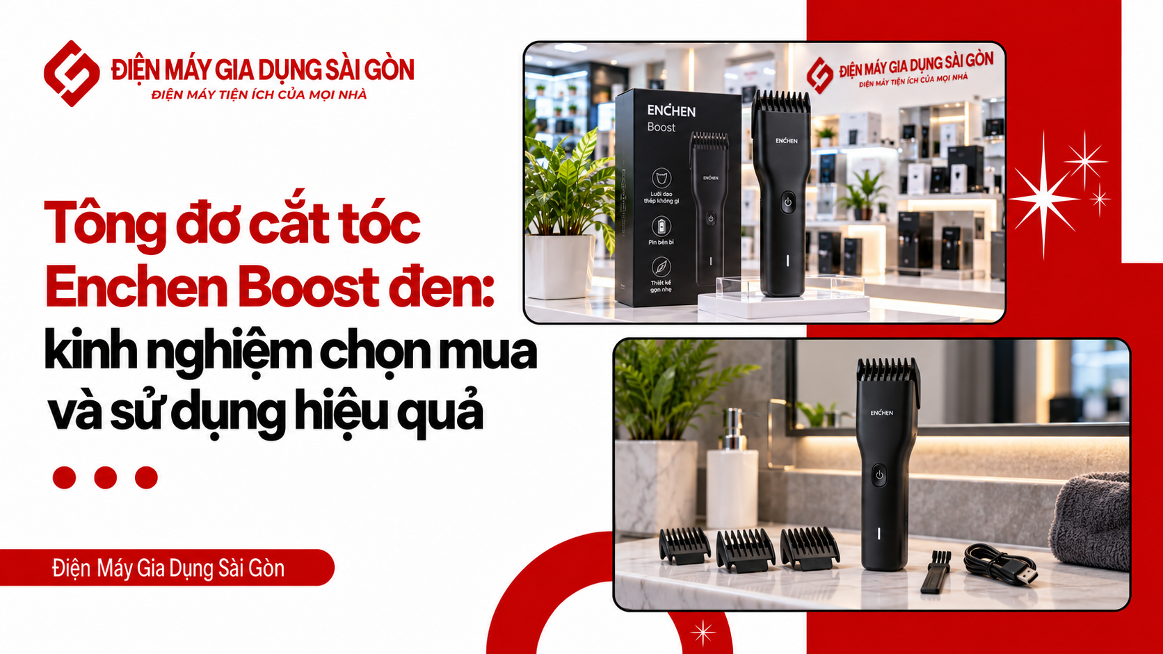 Tông đơ cắt tóc Enchen Boost đen và bộ phụ kiện đi kèm