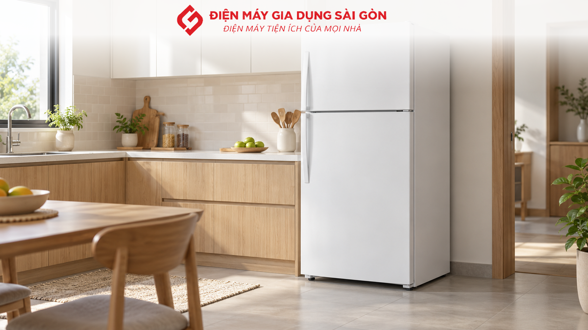 Tủ lạnh hai cửa đặt gọn trong gian bếp gia đình