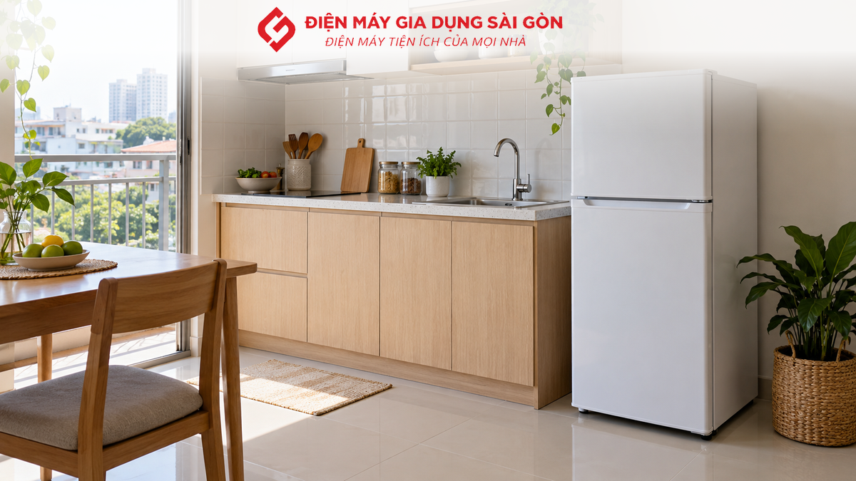 Tủ lạnh nhỏ được bố trí trong góc bếp căn hộ gọn gàng