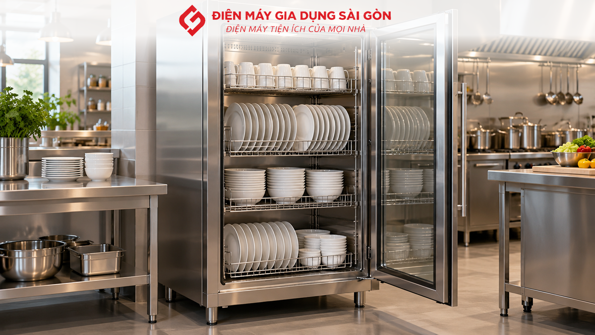 Tủ sấy chén bát Fujihome DD400A đặt trong khu bếp ăn kinh doanh