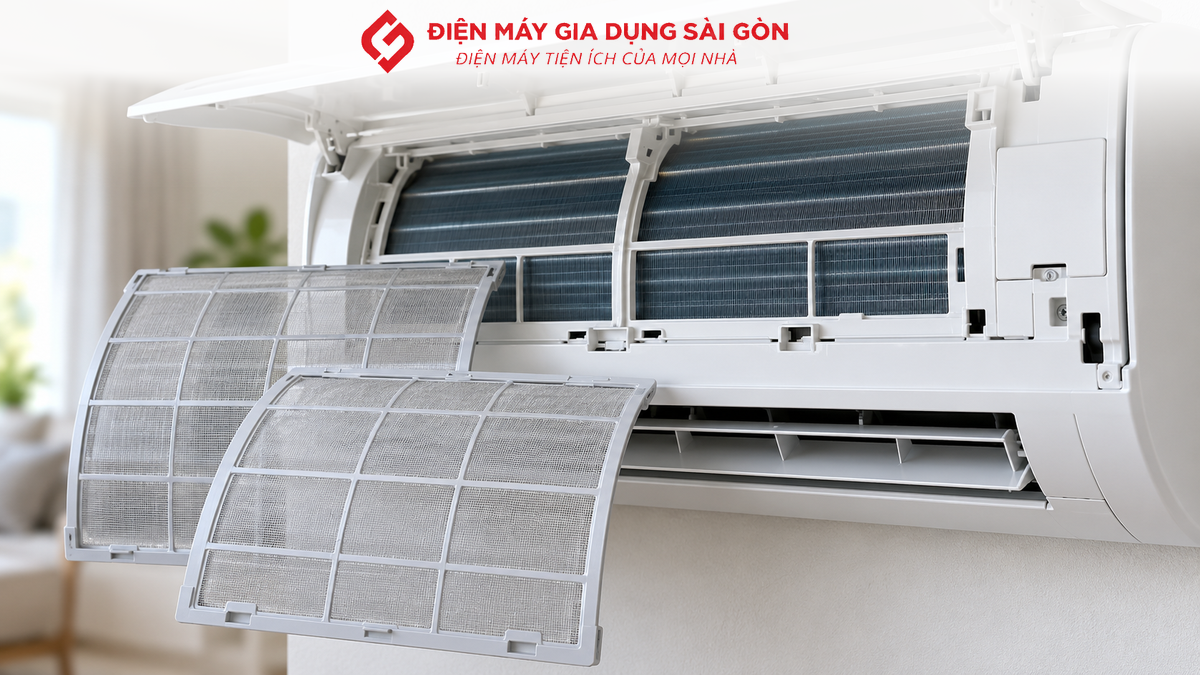 Máy lạnh mở nắp với bộ lọc bụi được tháo ra để vệ sinh